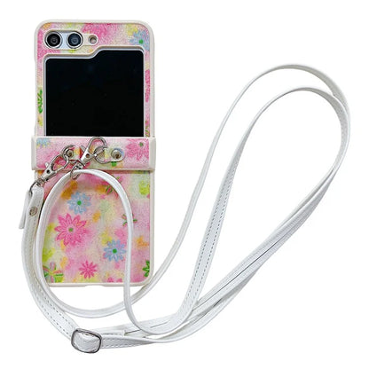 For Samsung Galaxy Z Flip5 5G PC Case Glittery Powder Flower Pattern Phone Protective Cover with White Strap