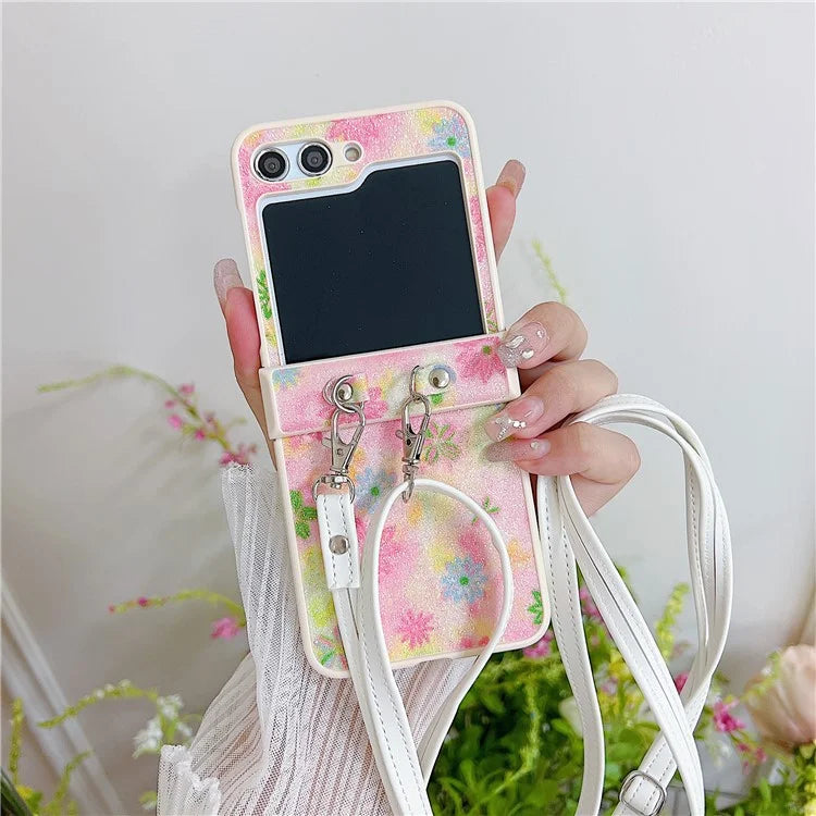 For Samsung Galaxy Z Flip5 5G PC Case Glittery Powder Flower Pattern Phone Protective Cover with White Strap