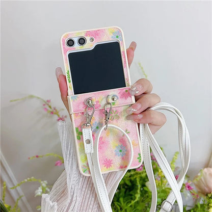 For Samsung Galaxy Z Flip5 5G PC Case Glittery Powder Flower Pattern Phone Protective Cover with White Strap