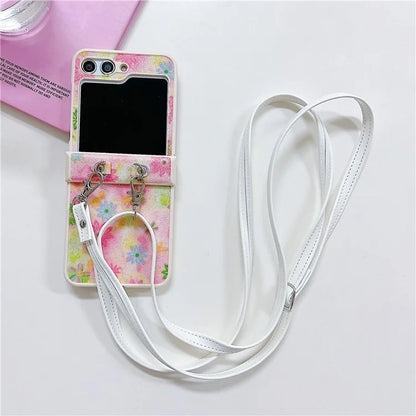 For Samsung Galaxy Z Flip5 5G PC Case Glittery Powder Flower Pattern Phone Protective Cover with White Strap