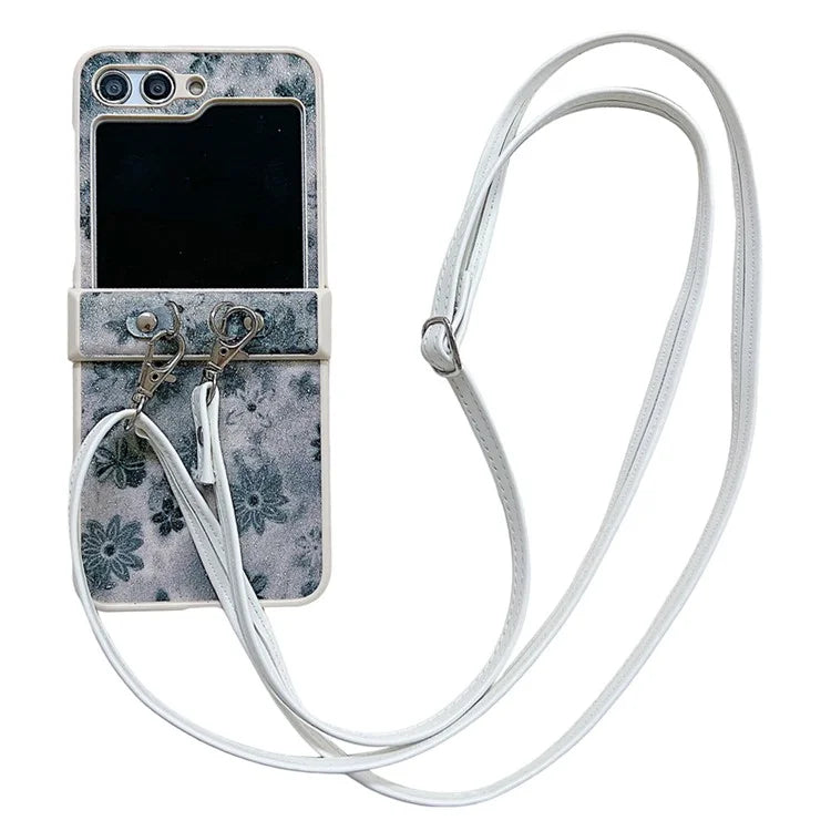 For Samsung Galaxy Z Flip5 5G PC Case Glittery Powder Flower Pattern Phone Protective Cover with White Strap