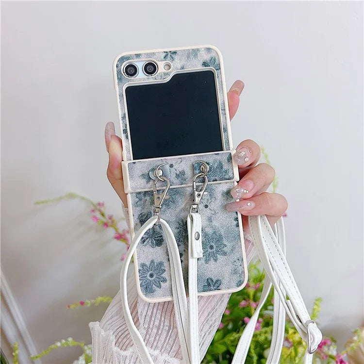 For Samsung Galaxy Z Flip5 5G PC Case Glittery Powder Flower Pattern Phone Protective Cover with White Strap