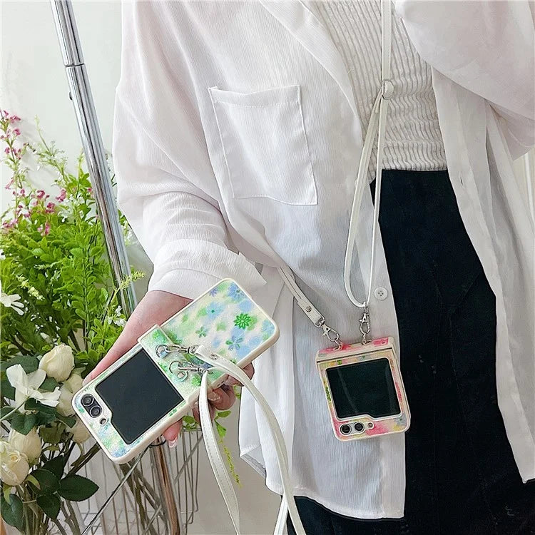 For Samsung Galaxy Z Flip5 5G PC Case Glittery Powder Flower Pattern Phone Protective Cover with White Strap