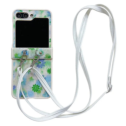 For Samsung Galaxy Z Flip5 5G PC Case Glittery Powder Flower Pattern Phone Protective Cover with White Strap
