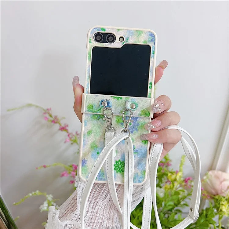 For Samsung Galaxy Z Flip5 5G PC Case Glittery Powder Flower Pattern Phone Protective Cover with White Strap