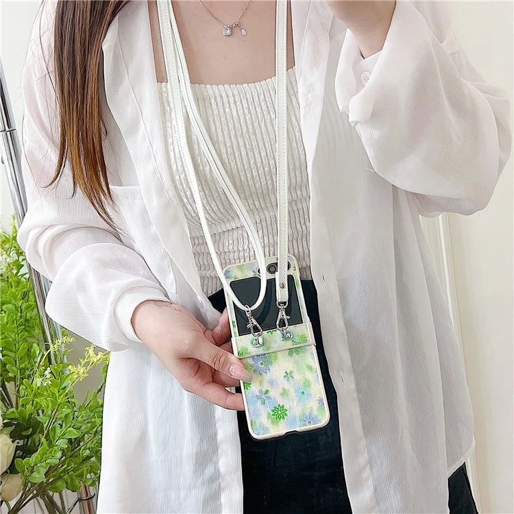 For Samsung Galaxy Z Flip5 5G PC Case Glittery Powder Flower Pattern Phone Protective Cover with White Strap