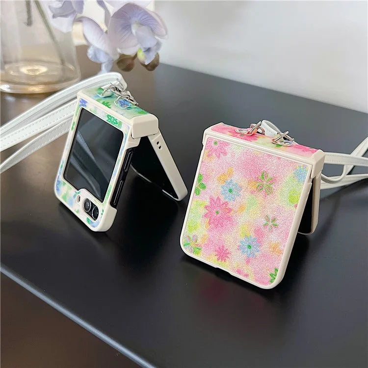 For Samsung Galaxy Z Flip5 5G PC Case Glittery Powder Flower Pattern Phone Protective Cover with White Strap