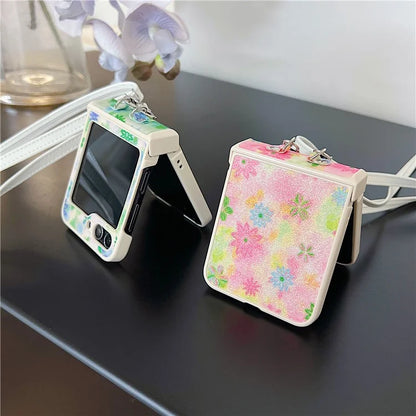 For Samsung Galaxy Z Flip5 5G PC Case Glittery Powder Flower Pattern Phone Protective Cover with White Strap