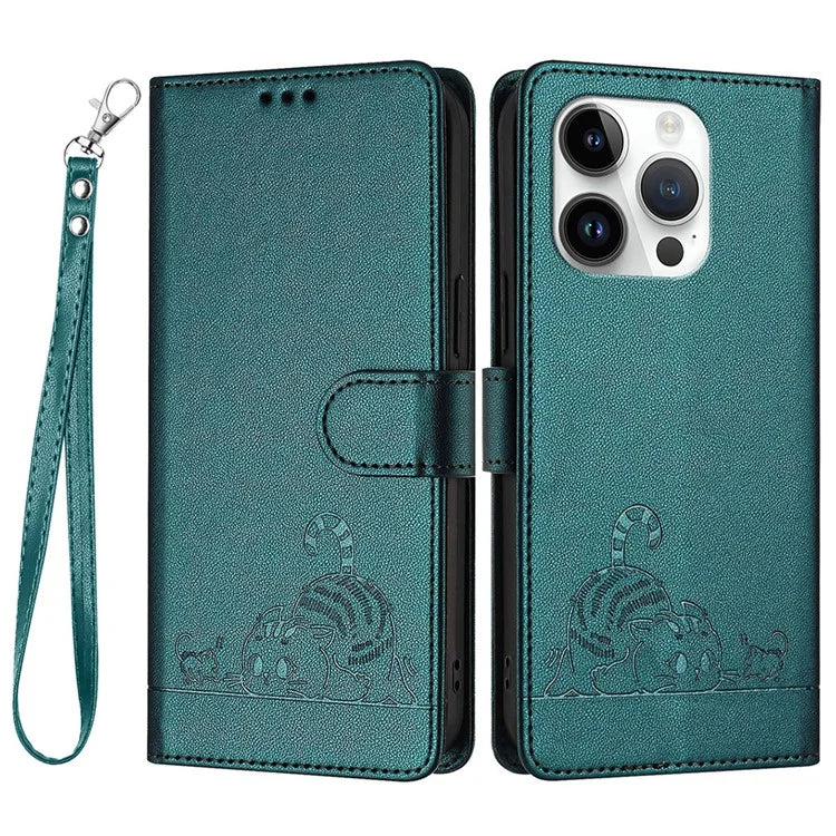 YB Imprinting Series-9 for iPhone 14 Pro Max Case Leather Wallet Phone Cover Cat Mouse Pattern