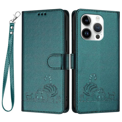 YB Imprinting Series-9 for iPhone 14 Pro Max Case Leather Wallet Phone Cover Cat Mouse Pattern