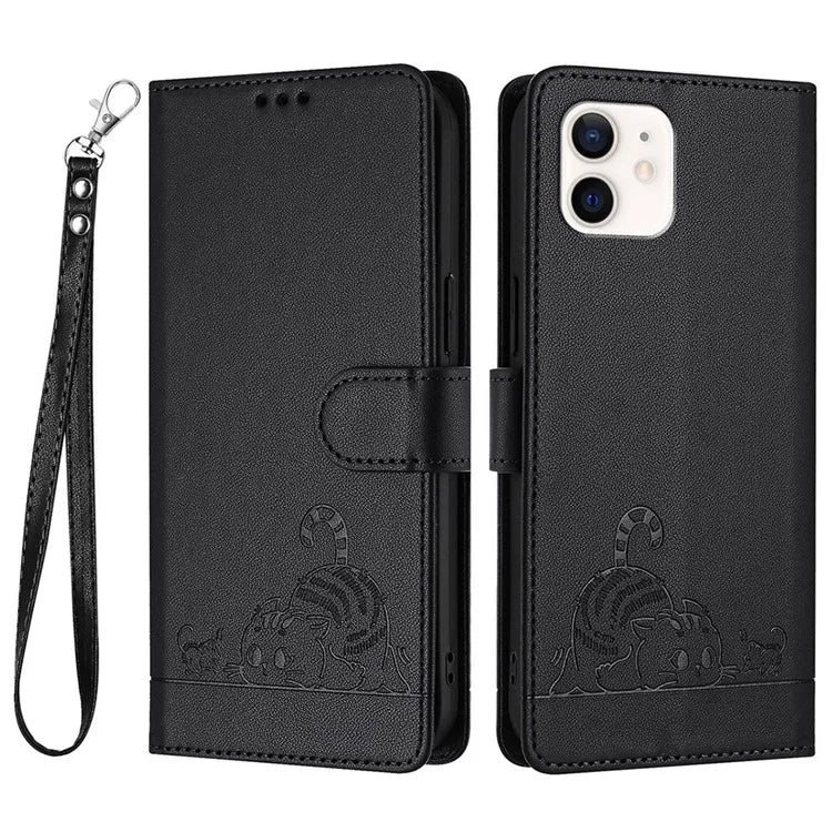 YB Imprinting Series-9 for iPhone 12 / 12 Pro Case Cat Mouse Pattern Leather  Phone Cover with Hand Strap