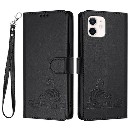 YB Imprinting Series-9 for iPhone 12 / 12 Pro Case Cat Mouse Pattern Leather  Phone Cover with Hand Strap
