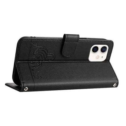 YB Imprinting Series-9 for iPhone 12 / 12 Pro Case Cat Mouse Pattern Leather  Phone Cover with Hand Strap