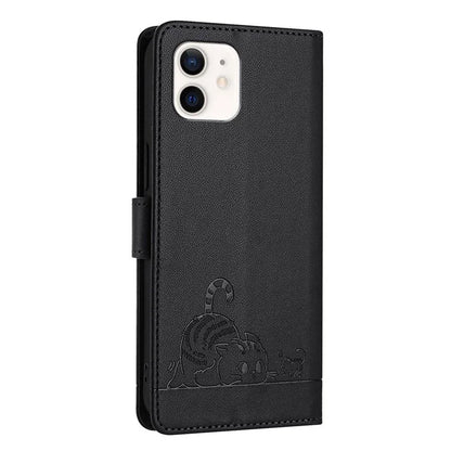 YB Imprinting Series-9 for iPhone 12 / 12 Pro Case Cat Mouse Pattern Leather  Phone Cover with Hand Strap