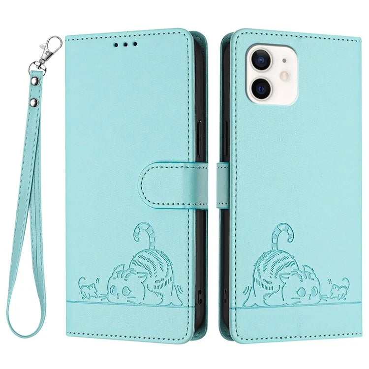 YB Imprinting Series-9 for iPhone 12 / 12 Pro Case Cat Mouse Pattern Leather  Phone Cover with Hand Strap