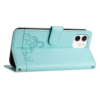 YB Imprinting Series-9 for iPhone 12 / 12 Pro Case Cat Mouse Pattern Leather  Phone Cover with Hand Strap