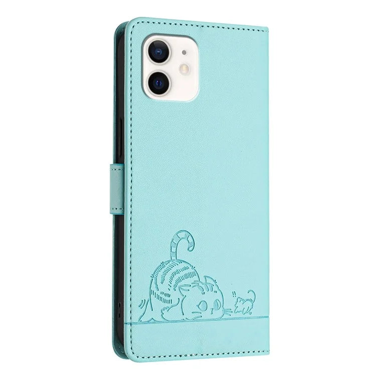 YB Imprinting Series-9 for iPhone 12 / 12 Pro Case Cat Mouse Pattern Leather  Phone Cover with Hand Strap