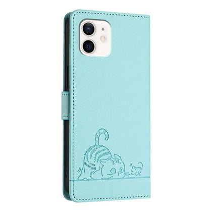 YB Imprinting Series-9 for iPhone 12 / 12 Pro Case Cat Mouse Pattern Leather  Phone Cover with Hand Strap