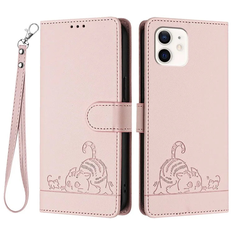 YB Imprinting Series-9 for iPhone 12 / 12 Pro Case Cat Mouse Pattern Leather  Phone Cover with Hand Strap