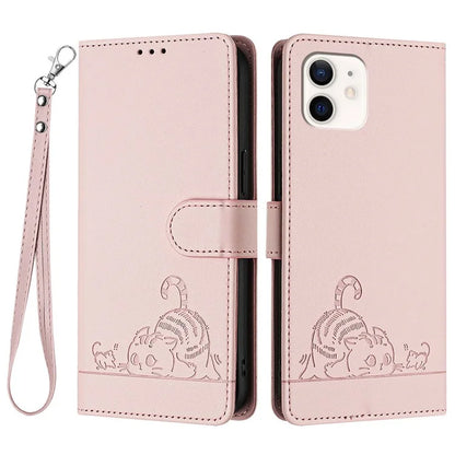 YB Imprinting Series-9 for iPhone 12 / 12 Pro Case Cat Mouse Pattern Leather  Phone Cover with Hand Strap