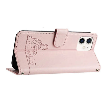 YB Imprinting Series-9 for iPhone 12 / 12 Pro Case Cat Mouse Pattern Leather  Phone Cover with Hand Strap