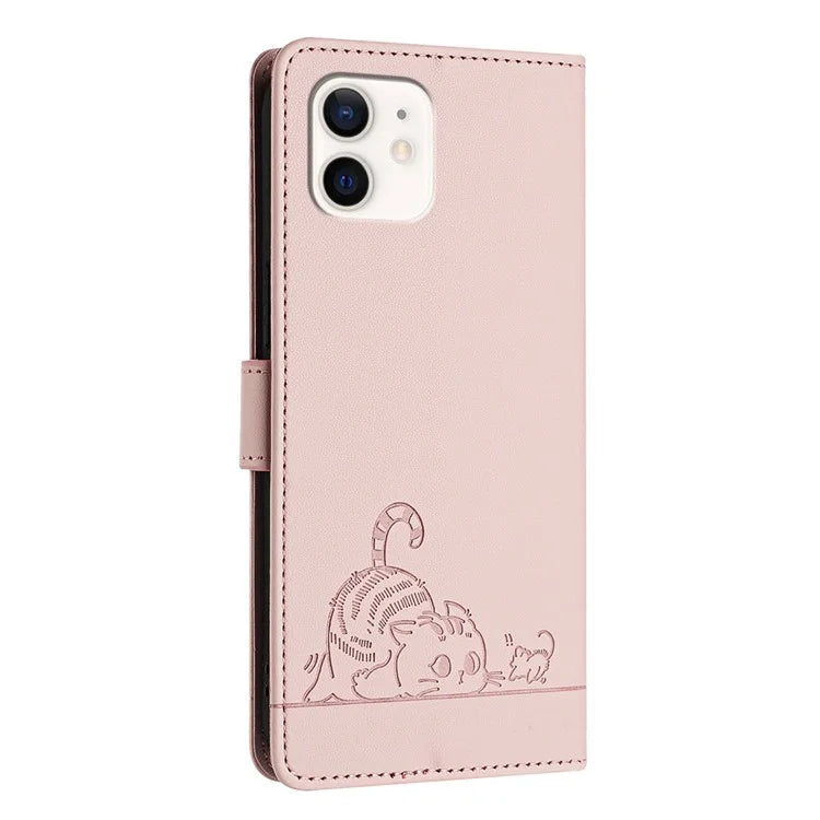 YB Imprinting Series-9 for iPhone 12 / 12 Pro Case Cat Mouse Pattern Leather  Phone Cover with Hand Strap