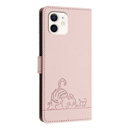 YB Imprinting Series-9 for iPhone 12 / 12 Pro Case Cat Mouse Pattern Leather  Phone Cover with Hand Strap
