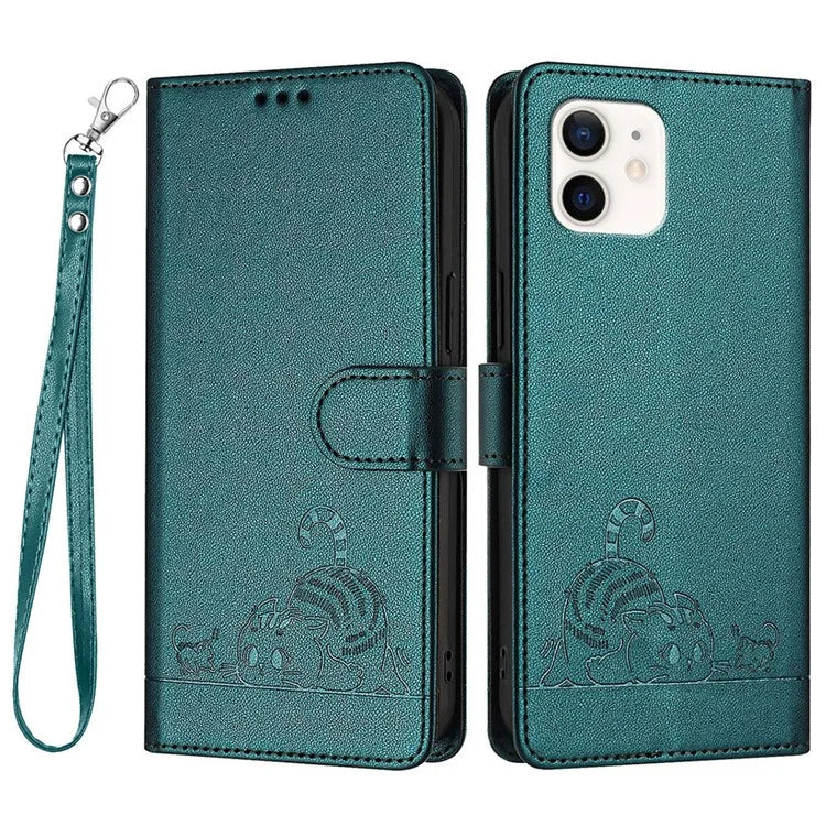 YB Imprinting Series-9 for iPhone 12 / 12 Pro Case Cat Mouse Pattern Leather  Phone Cover with Hand Strap