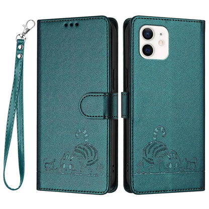 YB Imprinting Series-9 for iPhone 12 / 12 Pro Case Cat Mouse Pattern Leather  Phone Cover with Hand Strap