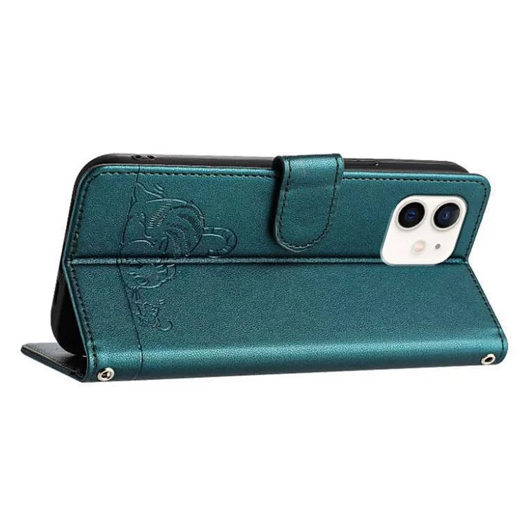 YB Imprinting Series-9 for iPhone 12 / 12 Pro Case Cat Mouse Pattern Leather  Phone Cover with Hand Strap