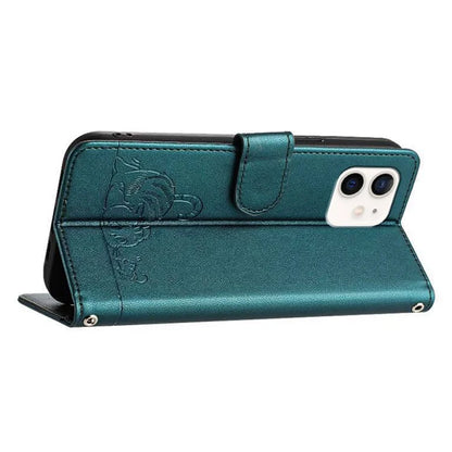 YB Imprinting Series-9 for iPhone 12 / 12 Pro Case Cat Mouse Pattern Leather  Phone Cover with Hand Strap