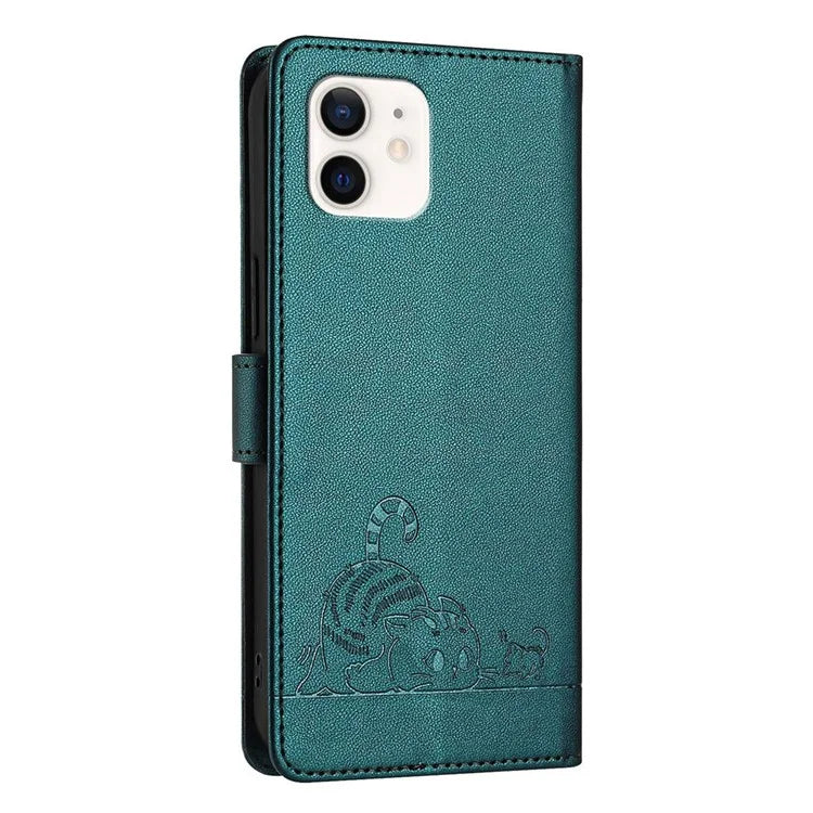 YB Imprinting Series-9 for iPhone 12 / 12 Pro Case Cat Mouse Pattern Leather  Phone Cover with Hand Strap