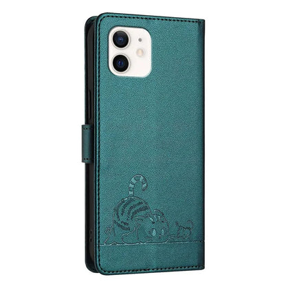 YB Imprinting Series-9 for iPhone 12 / 12 Pro Case Cat Mouse Pattern Leather  Phone Cover with Hand Strap