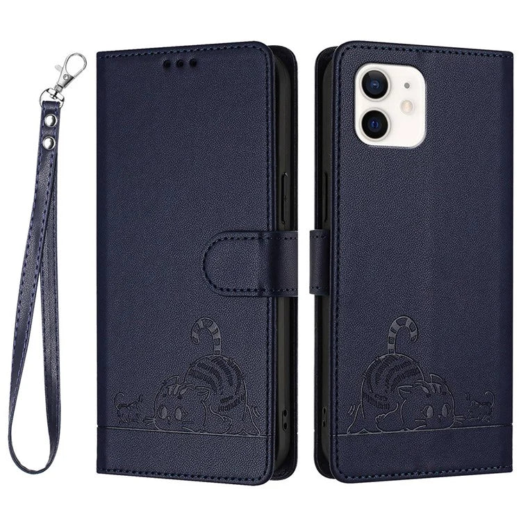 YB Imprinting Series-9 for iPhone 12 / 12 Pro Case Cat Mouse Pattern Leather  Phone Cover with Hand Strap