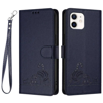 YB Imprinting Series-9 for iPhone 12 / 12 Pro Case Cat Mouse Pattern Leather  Phone Cover with Hand Strap