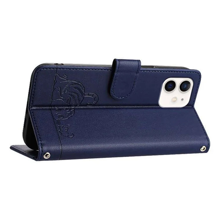 YB Imprinting Series-9 for iPhone 12 / 12 Pro Case Cat Mouse Pattern Leather  Phone Cover with Hand Strap