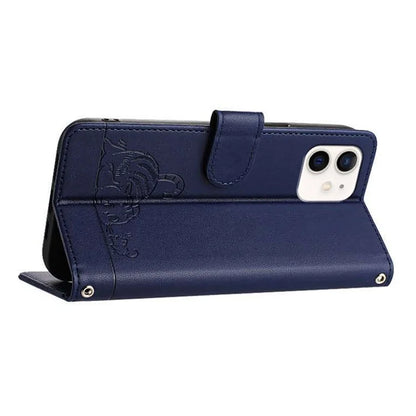YB Imprinting Series-9 for iPhone 12 / 12 Pro Case Cat Mouse Pattern Leather  Phone Cover with Hand Strap