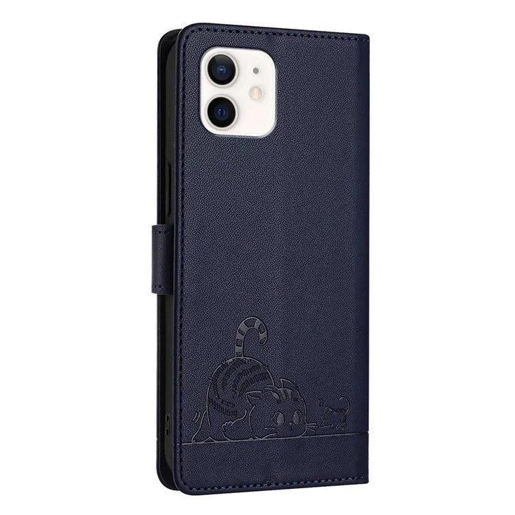 YB Imprinting Series-9 for iPhone 12 / 12 Pro Case Cat Mouse Pattern Leather  Phone Cover with Hand Strap