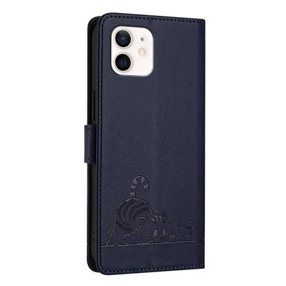 YB Imprinting Series-9 for iPhone 12 / 12 Pro Case Cat Mouse Pattern Leather  Phone Cover with Hand Strap