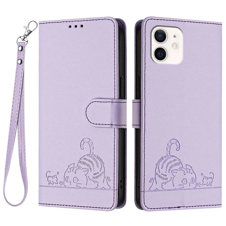 YB Imprinting Series-9 for iPhone 12 / 12 Pro Case Cat Mouse Pattern Leather  Phone Cover with Hand Strap