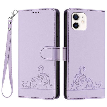 YB Imprinting Series-9 for iPhone 12 / 12 Pro Case Cat Mouse Pattern Leather  Phone Cover with Hand Strap