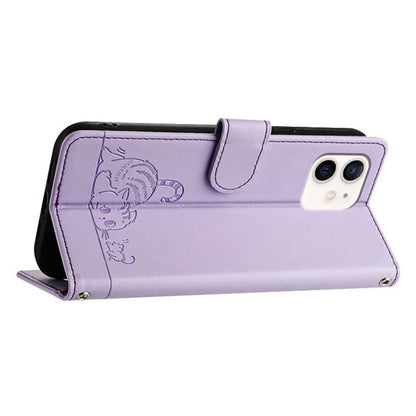 YB Imprinting Series-9 for iPhone 12 / 12 Pro Case Cat Mouse Pattern Leather  Phone Cover with Hand Strap