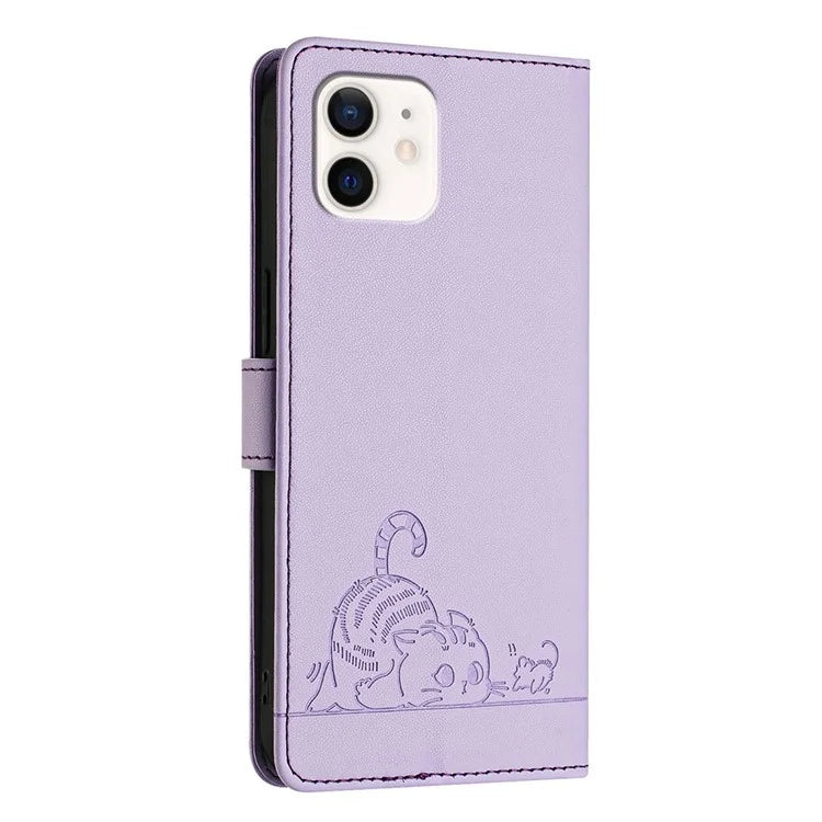 YB Imprinting Series-9 for iPhone 12 / 12 Pro Case Cat Mouse Pattern Leather  Phone Cover with Hand Strap