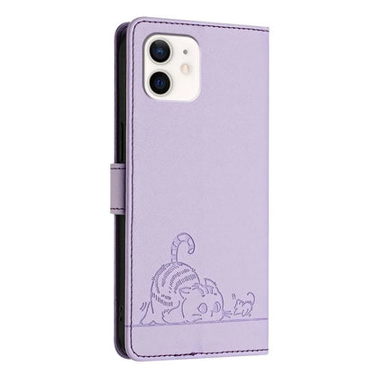 YB Imprinting Series-9 for iPhone 12 / 12 Pro Case Cat Mouse Pattern Leather  Phone Cover with Hand Strap