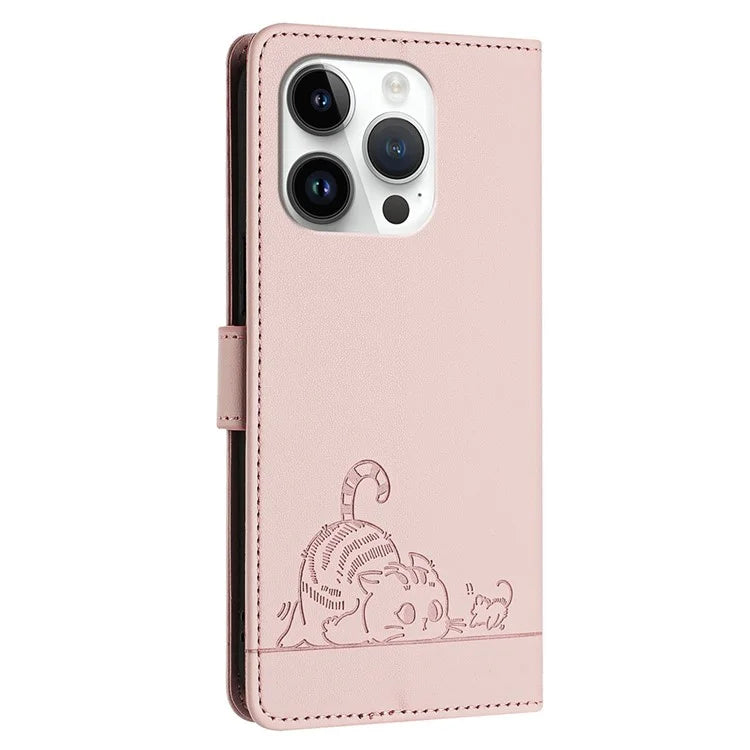 YB Imprinting Series-9 for iPhone 13 Pro Case Leather Cat Mouse Pattern RFID Blocking Wallet Phone Cover