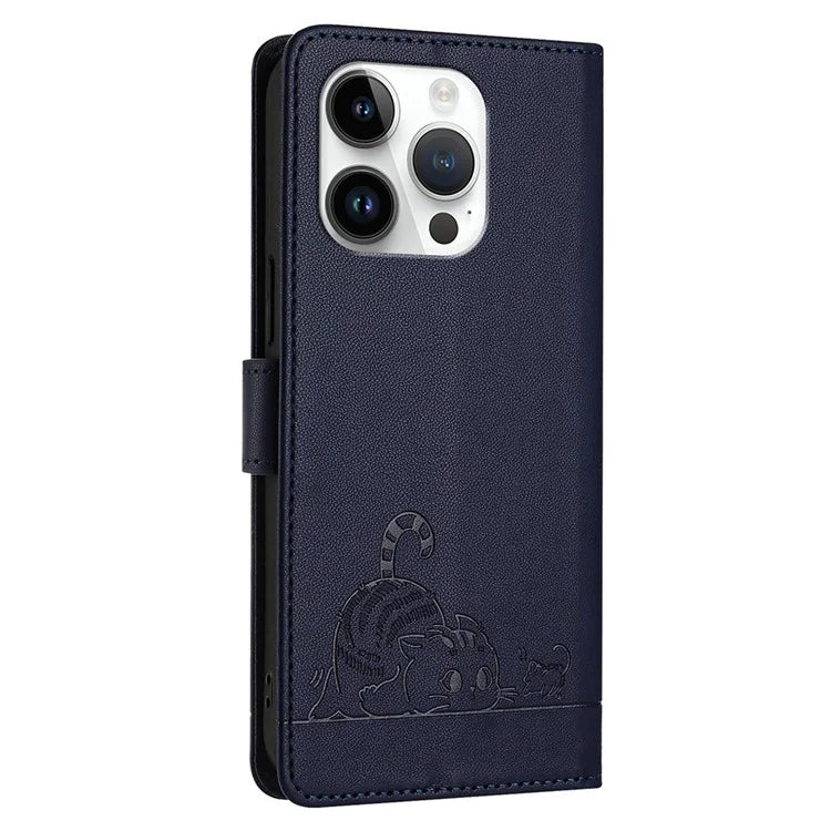 YB Imprinting Series-9 for iPhone 13 Pro Case Leather Cat Mouse Pattern RFID Blocking Wallet Phone Cover
