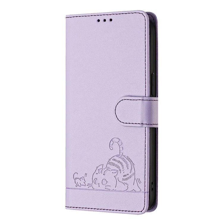 YB Imprinting Series-9 for iPhone 13 Pro Case Leather Cat Mouse Pattern RFID Blocking Wallet Phone Cover