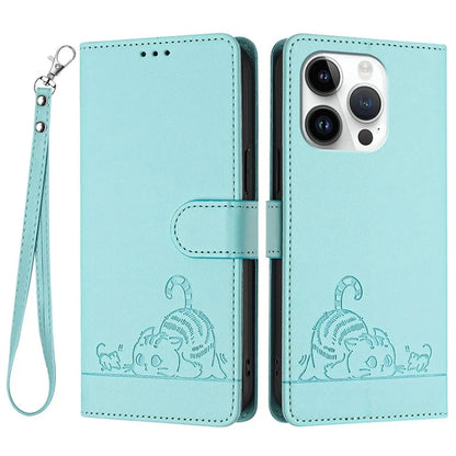 YB Imprinting Series-9 for iPhone 14 Pro Case Cat Mouse Pattern Leather Phone Cover with RFID Blocking