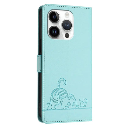 YB Imprinting Series-9 for iPhone 14 Pro Case Cat Mouse Pattern Leather Phone Cover with RFID Blocking