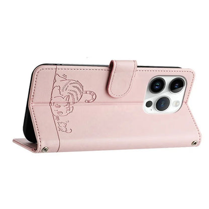YB Imprinting Series-9 for iPhone 14 Pro Case Cat Mouse Pattern Leather Phone Cover with RFID Blocking
